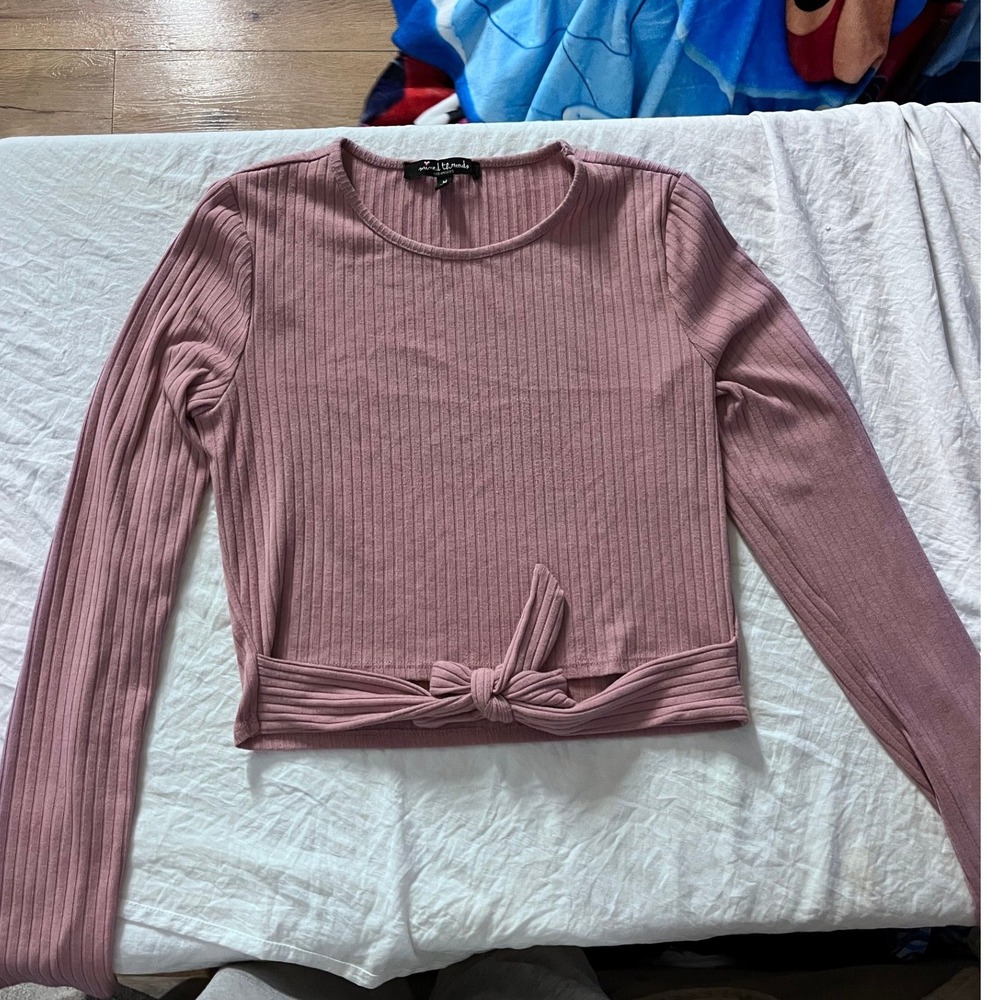 Mixed Threads Ribbed Knit Pink Long Sleeve Tie Front Crop Top Women's Medium